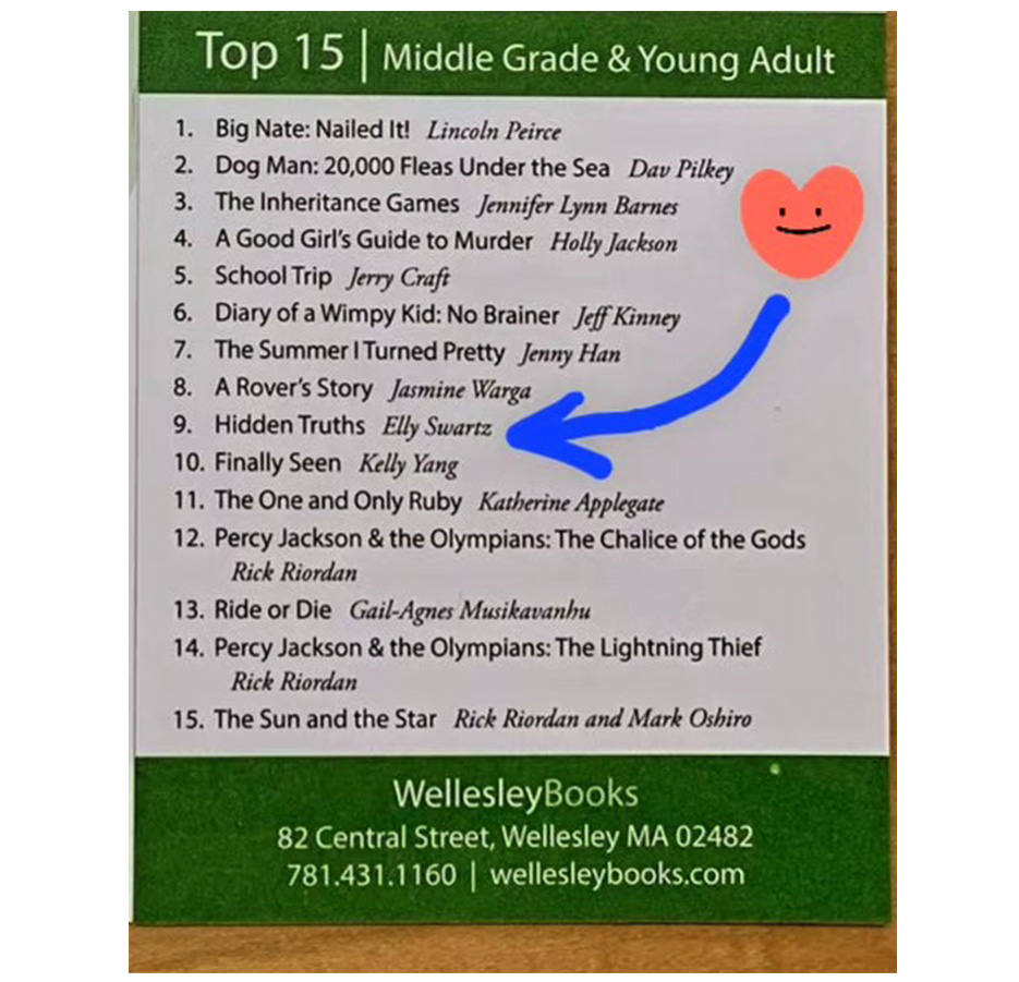 HIDDEN TRUTHS was one of the top 15 Middle Grades and Young Adult books sold in 2023 at Wellesley Books